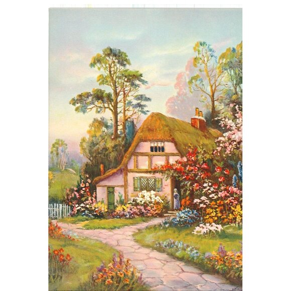 Vintage Calendar Print Cottage Surrounded by Flowers 6x8 - Picture 1 of 1